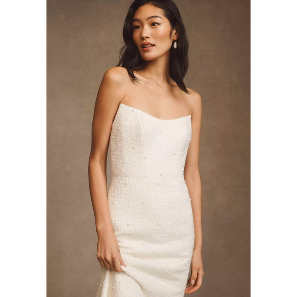 Watters Addie Wedding Gown Size 14 Ivory Beaded Strapless Bridal Dress Tweed - Picture 2 of 8